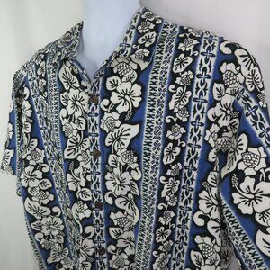 Hilo Hattie Hawaiian Aloha Shirt Mens 2XL Blue Floral Panel Print  100% Cotton